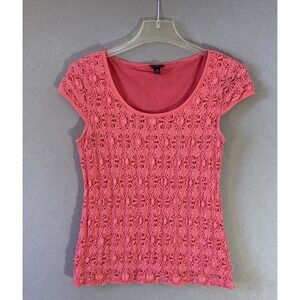 Ann Taylor Petite Medium Crochet Lace Pink Lined Pullover Shirt Top